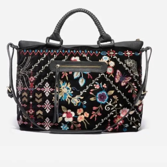 Johnny Was Black Denim & Leather with Floral Embroidery Dreamer Overnight Tote - Picture 3 of 14
